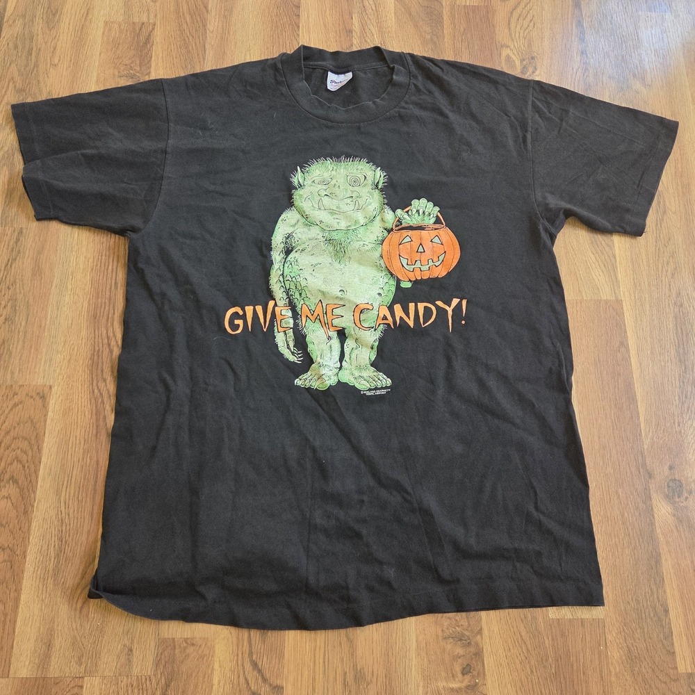 Vintage Halloween Troll Give Me Candy 1991 Brieland Graphics large black shirt